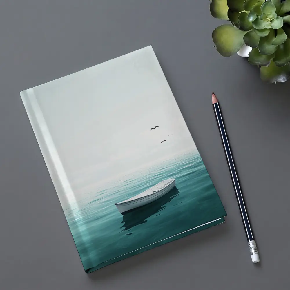 White Rowboat Floating Calm Teal Ocean – Notebooks