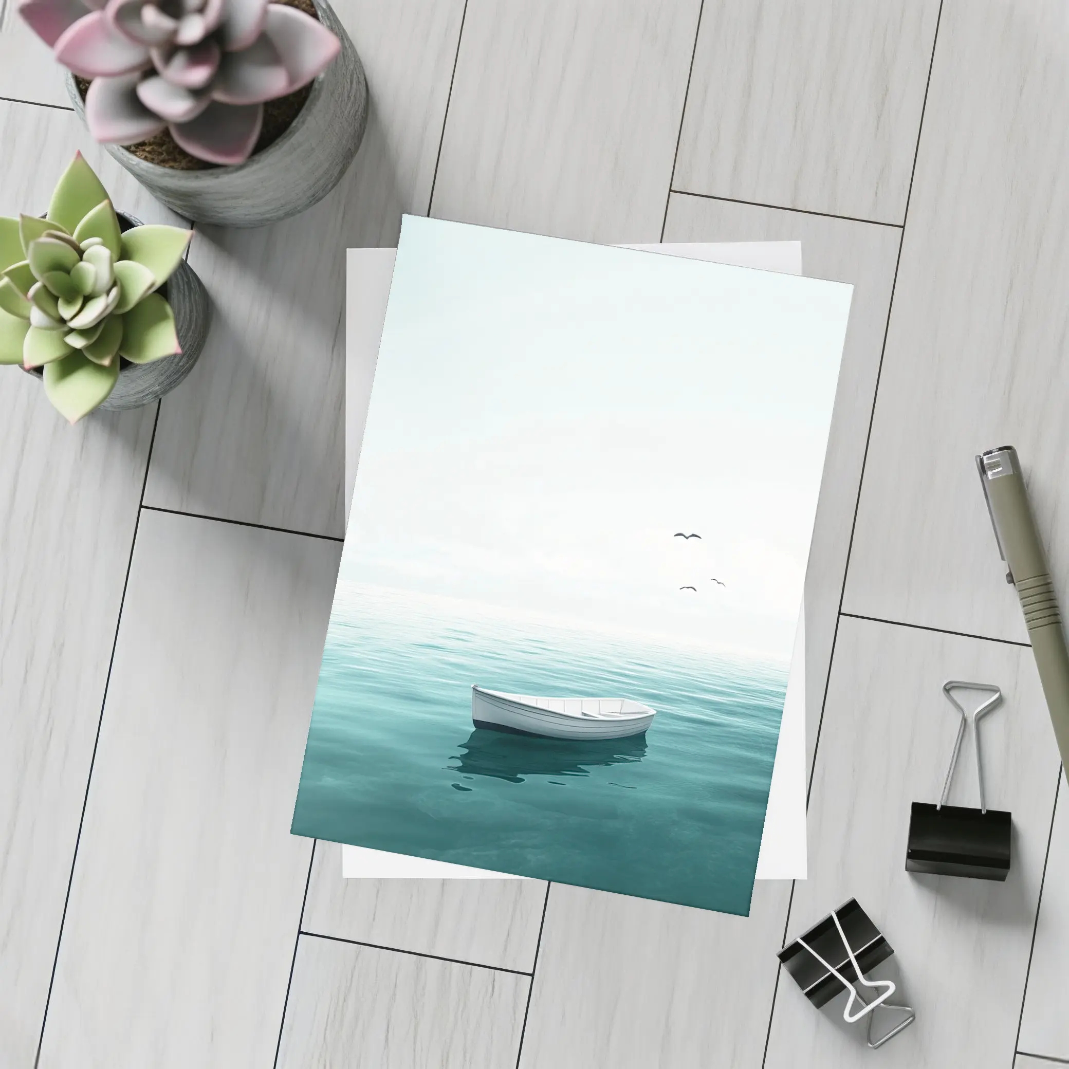 White Rowboat Floating Calm Teal Ocean – Postcards