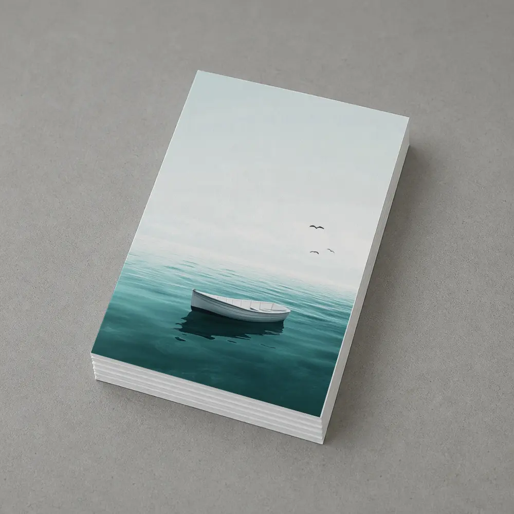 White Rowboat Floating Calm Teal Ocean – Postcards