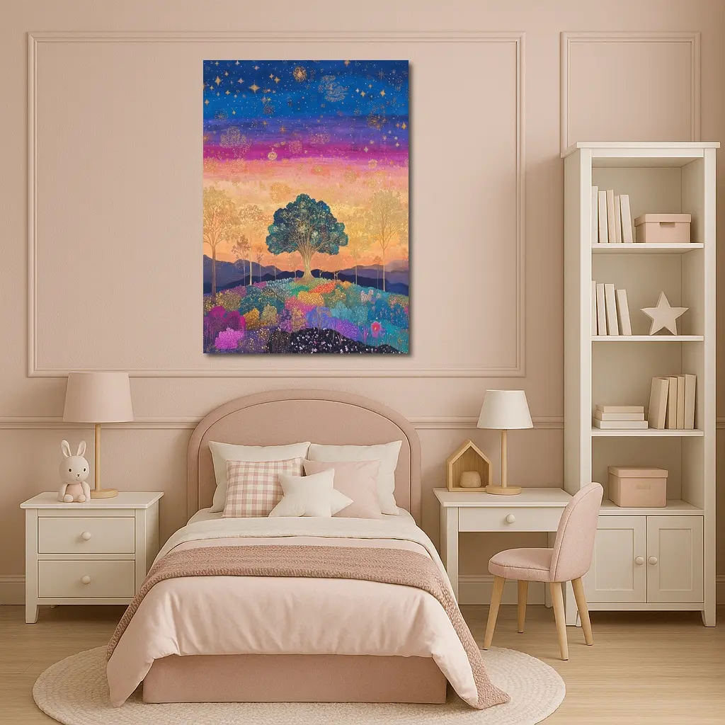 Magical Tree Starry Night Colorful Landscape Art – Wall Art