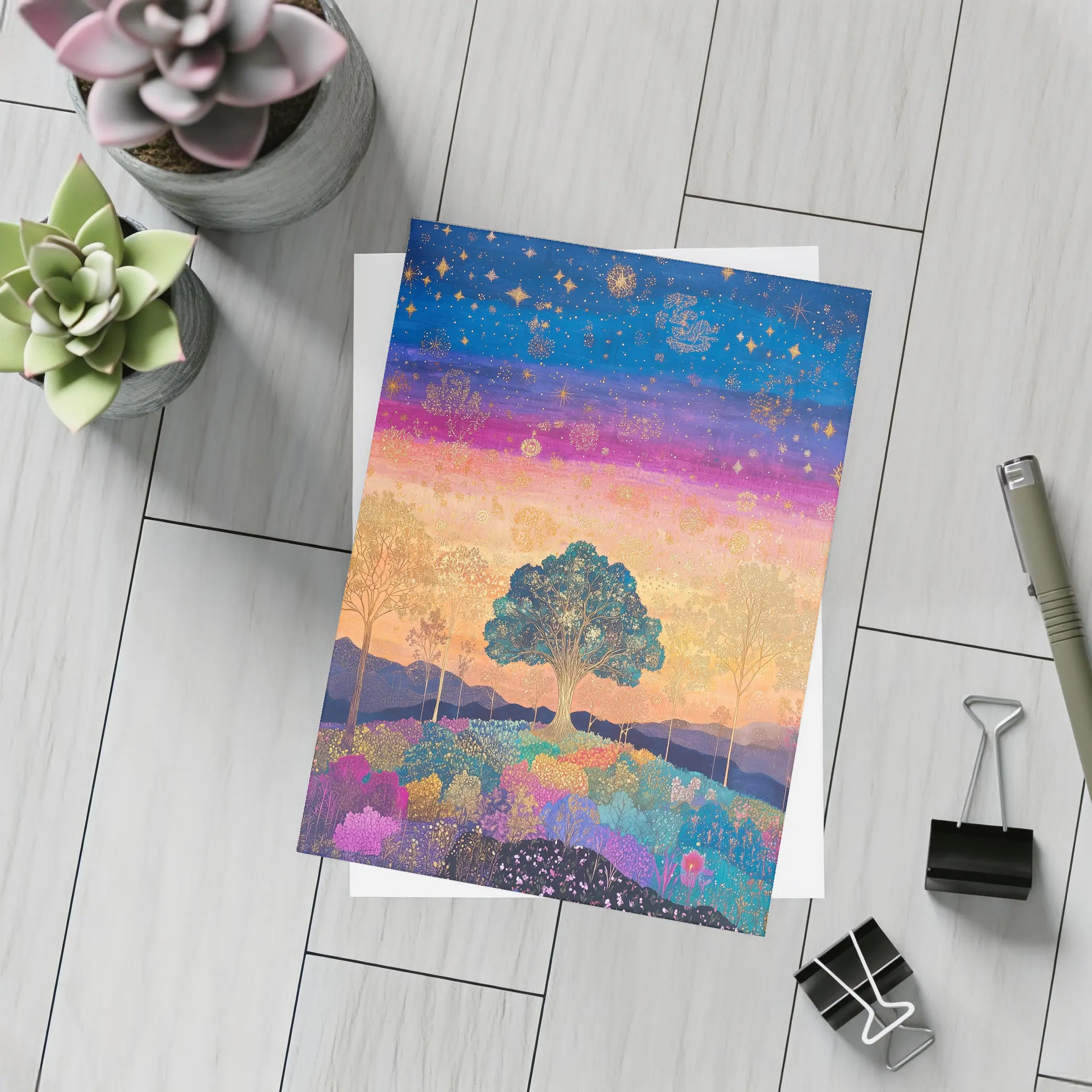 Magical Tree Starry Night Colorful Landscape Art – Postcards