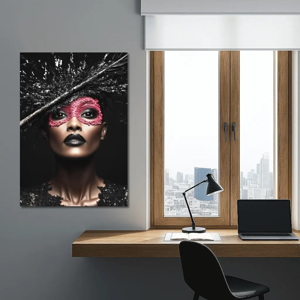 Dark Fashion Portrait Woman Pink Masquerade Mask – Wall Art