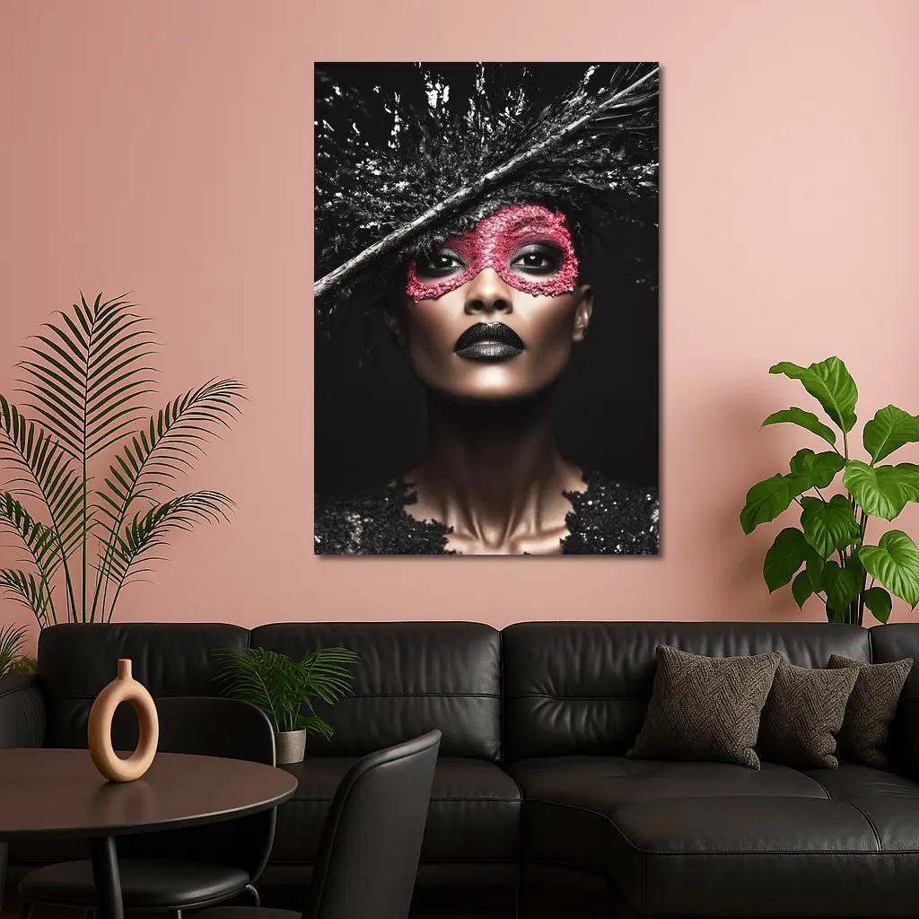 Dark Fashion Portrait Woman Pink Masquerade Mask – Wall Art