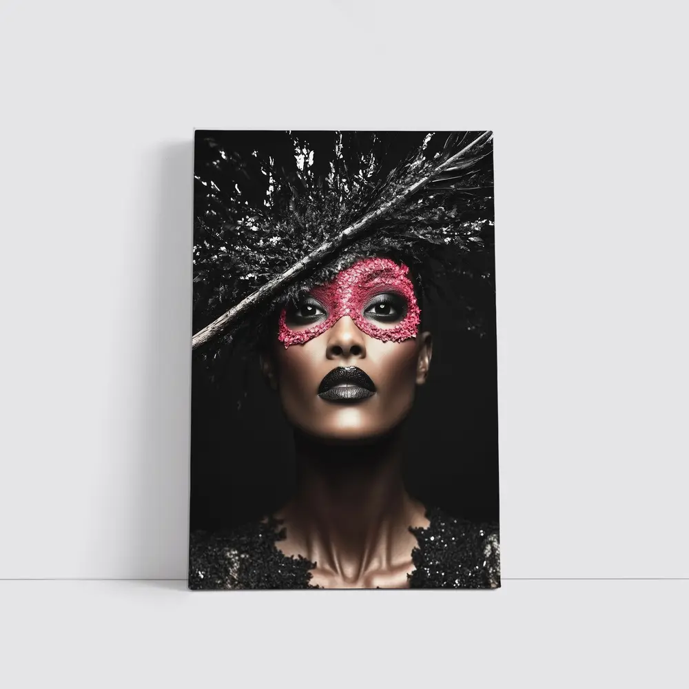 Dark Fashion Portrait Woman Pink Masquerade Mask – Wall Art