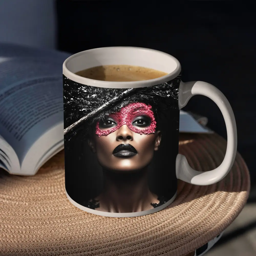 Dark Fashion Portrait Woman Pink Masquerade Mask – Mugs