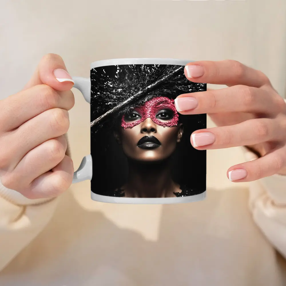 Dark Fashion Portrait Woman Pink Masquerade Mask – Mugs