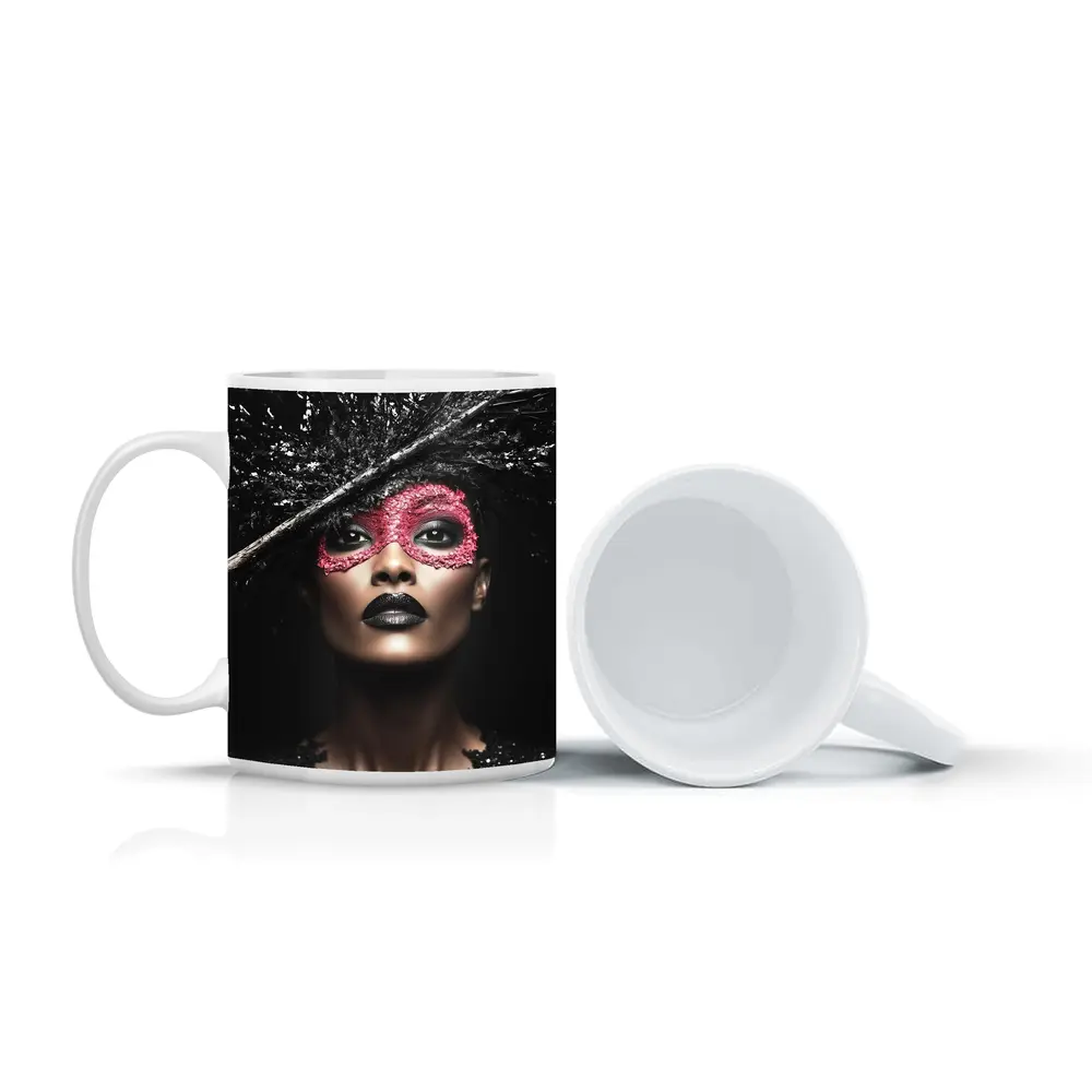 Dark Fashion Portrait Woman Pink Masquerade Mask – Mugs