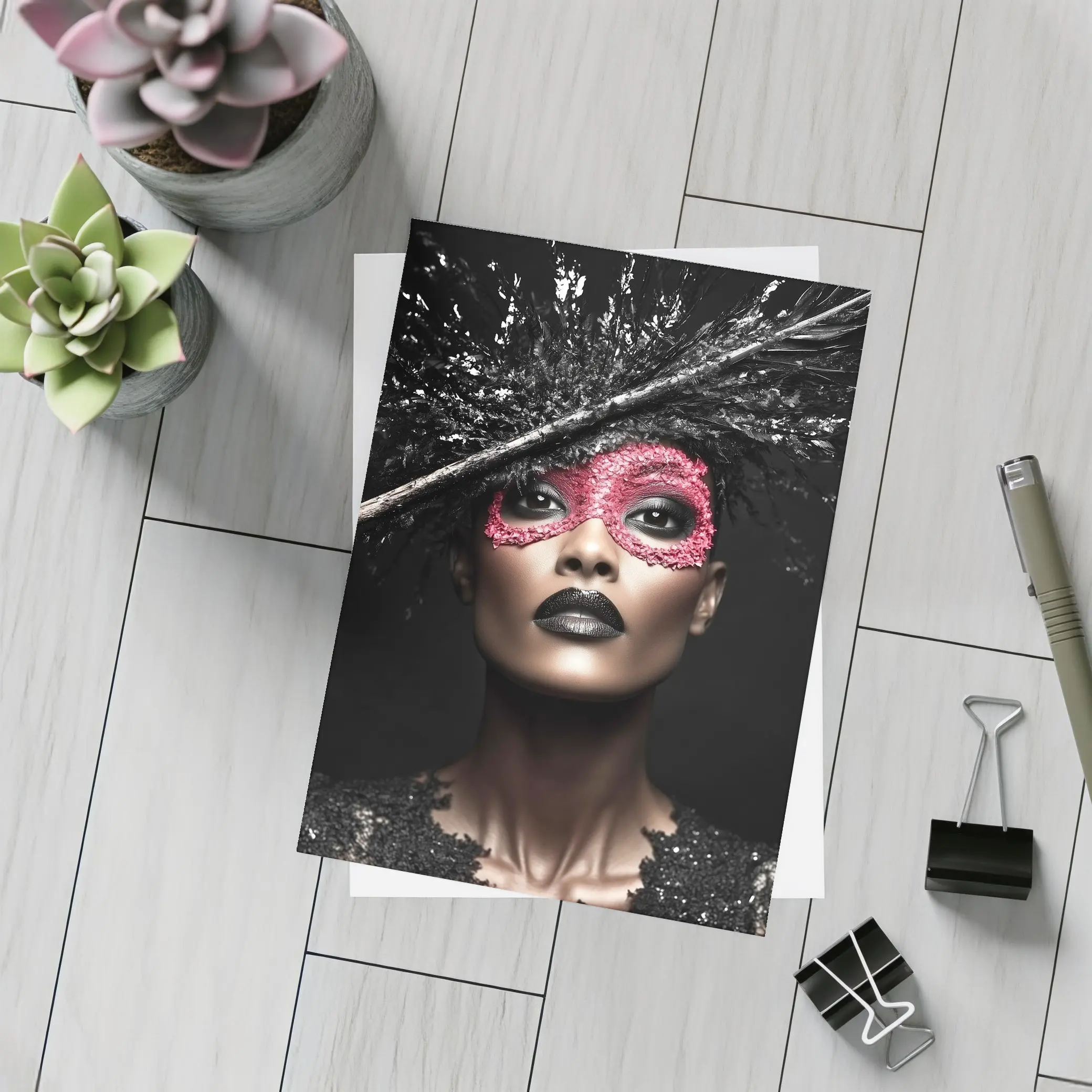 Dark Fashion Portrait Woman Pink Masquerade Mask – Postcards