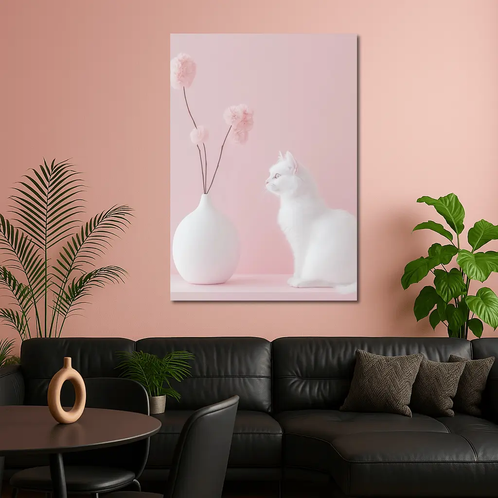 White Cat Beside Vase Pink Background – Wall Art