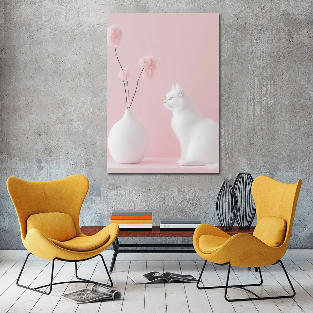 White Cat Beside Vase Pink Background – Wall Art