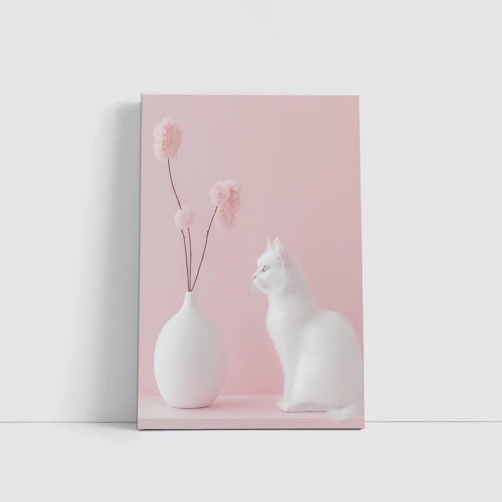White Cat Beside Vase Pink Background – Wall Art