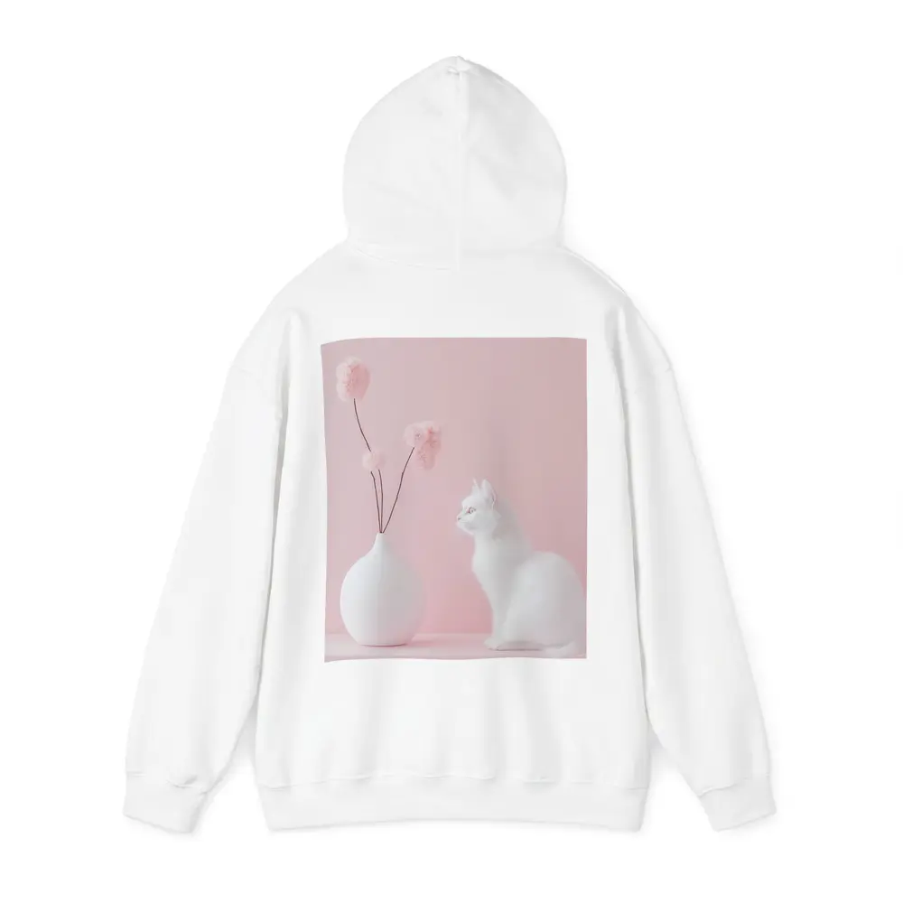 White Cat Beside Vase Pink Background – Hoodies