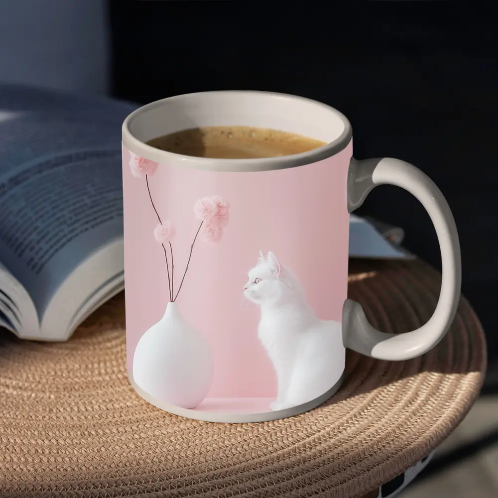White Cat Beside Vase Pink Background – Mugs