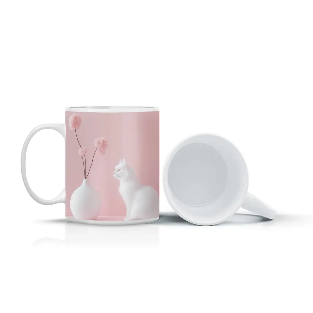 White Cat Beside Vase Pink Background – Mugs