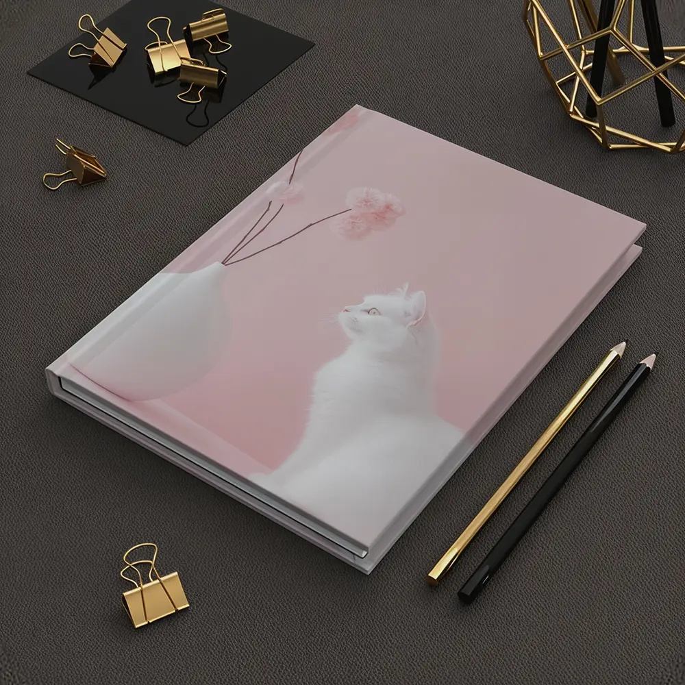 White Cat Beside Vase Pink Background – Notebooks