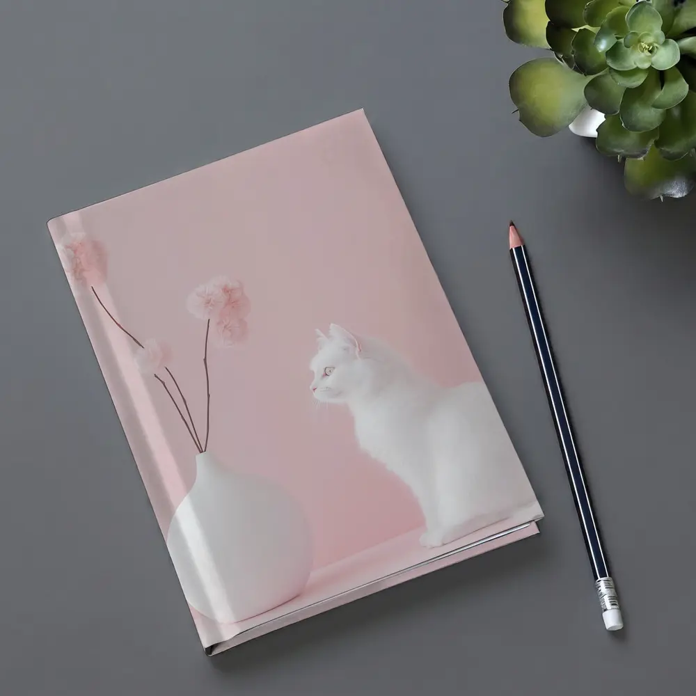 White Cat Beside Vase Pink Background – Notebooks