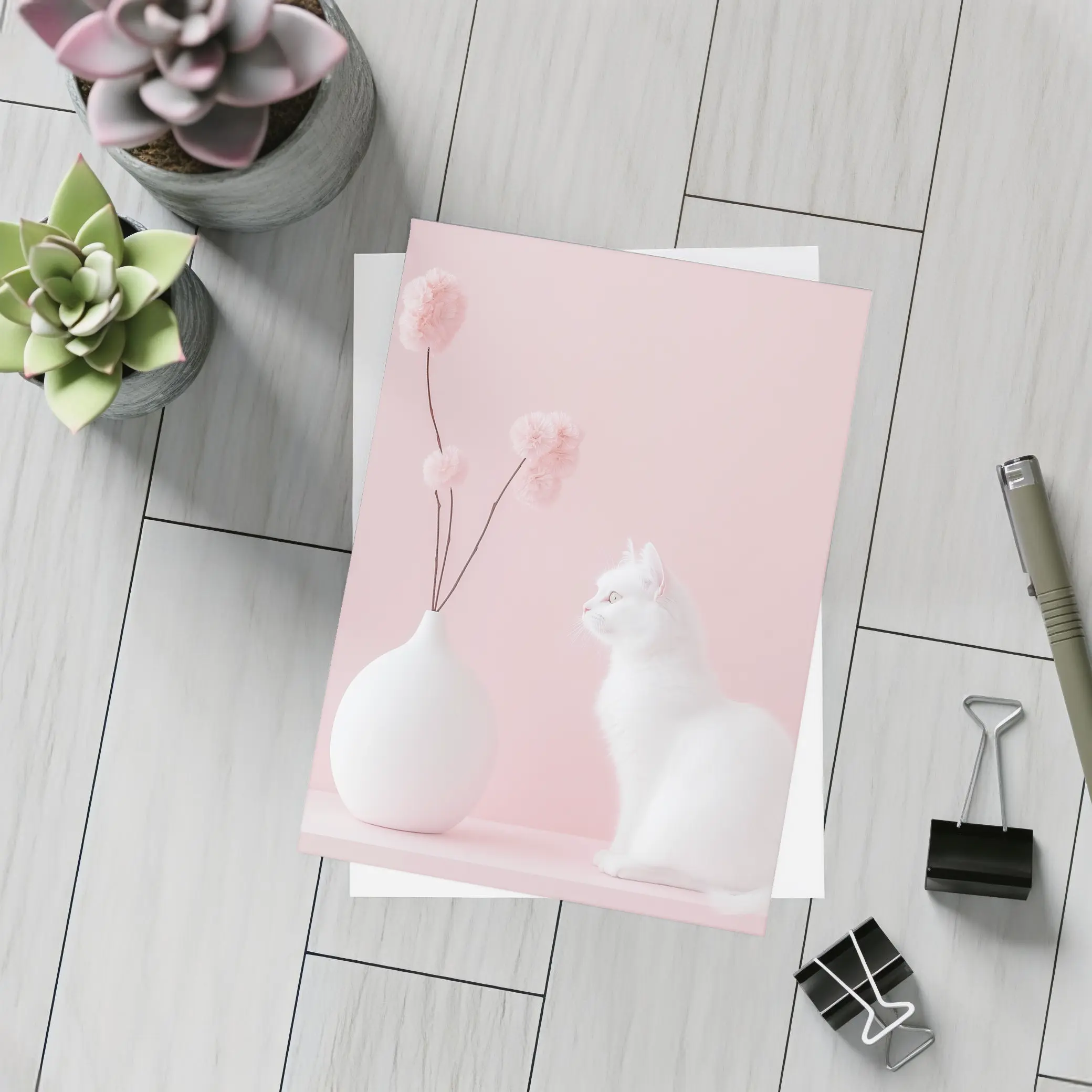 White Cat Beside Vase Pink Background – Postcards
