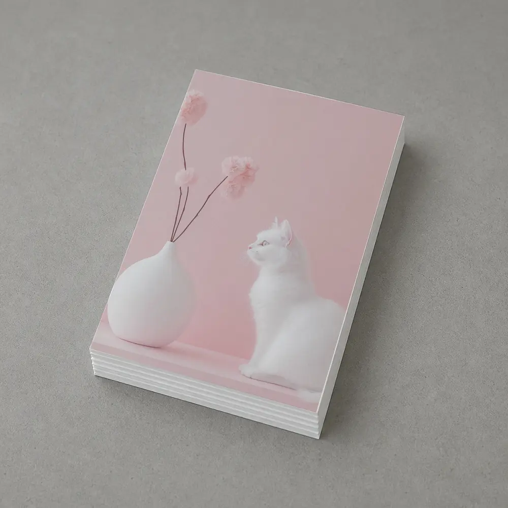 White Cat Beside Vase Pink Background – Postcards
