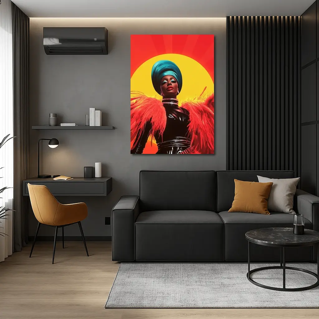 Bold Pop Art Woman Teal Turban Red Sun – Wall Art