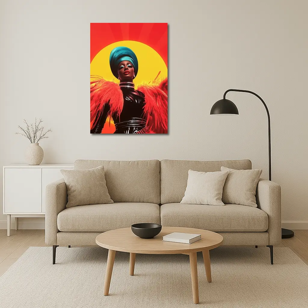 Bold Pop Art Woman Teal Turban Red Sun – Wall Art