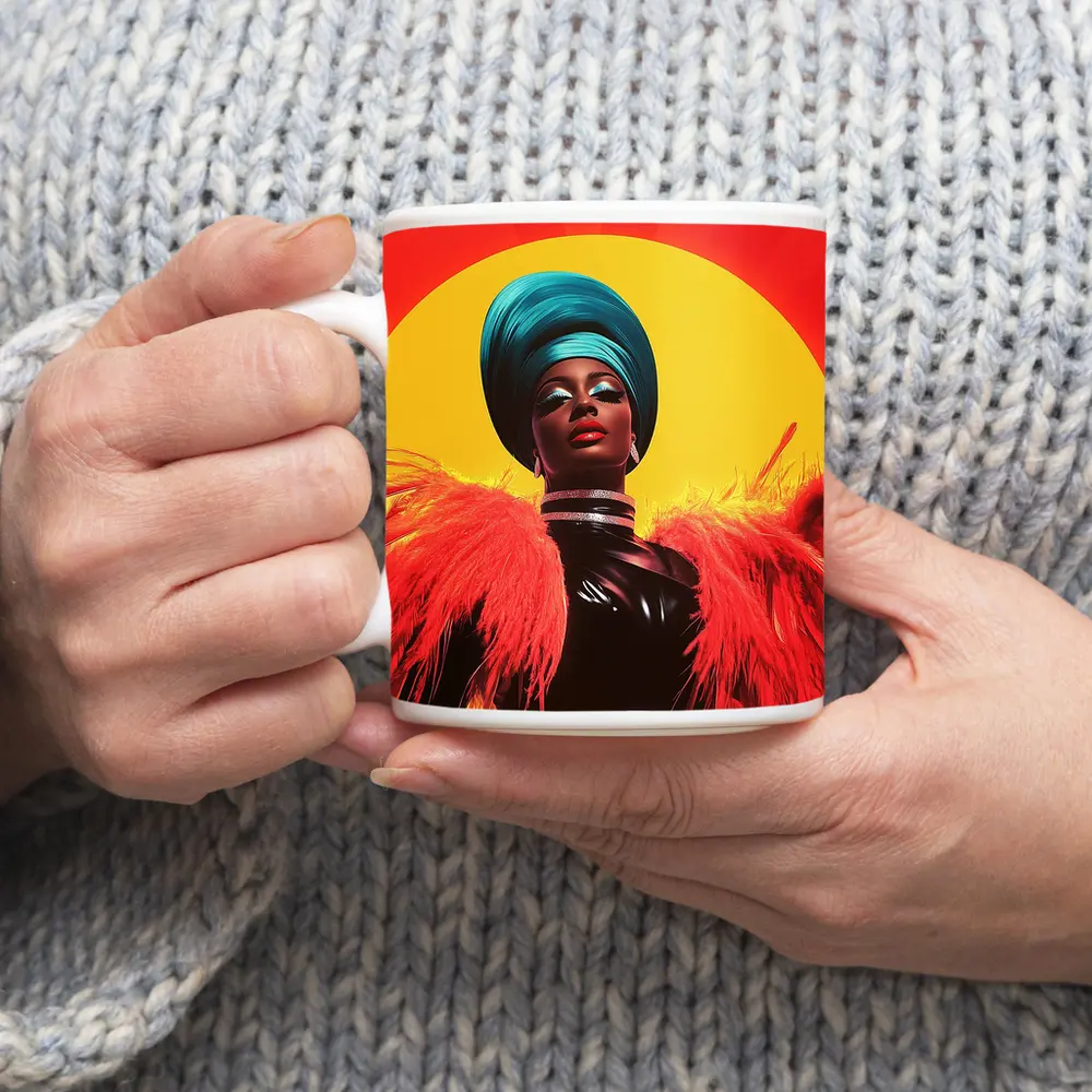 Bold Pop Art Woman Teal Turban Red Sun – Mugs
