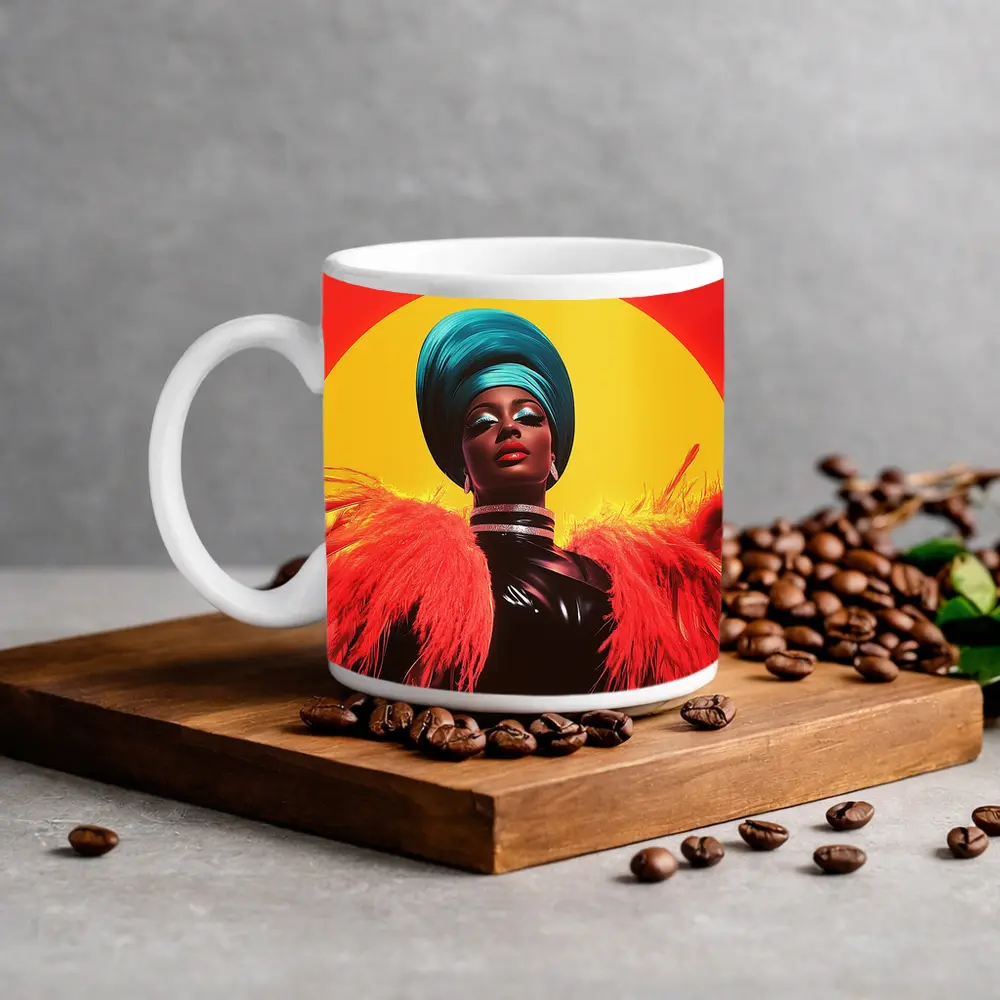 Bold Pop Art Woman Teal Turban Red Sun – Mugs