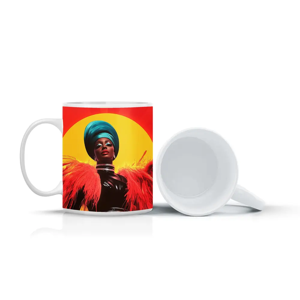 Bold Pop Art Woman Teal Turban Red Sun – Mugs