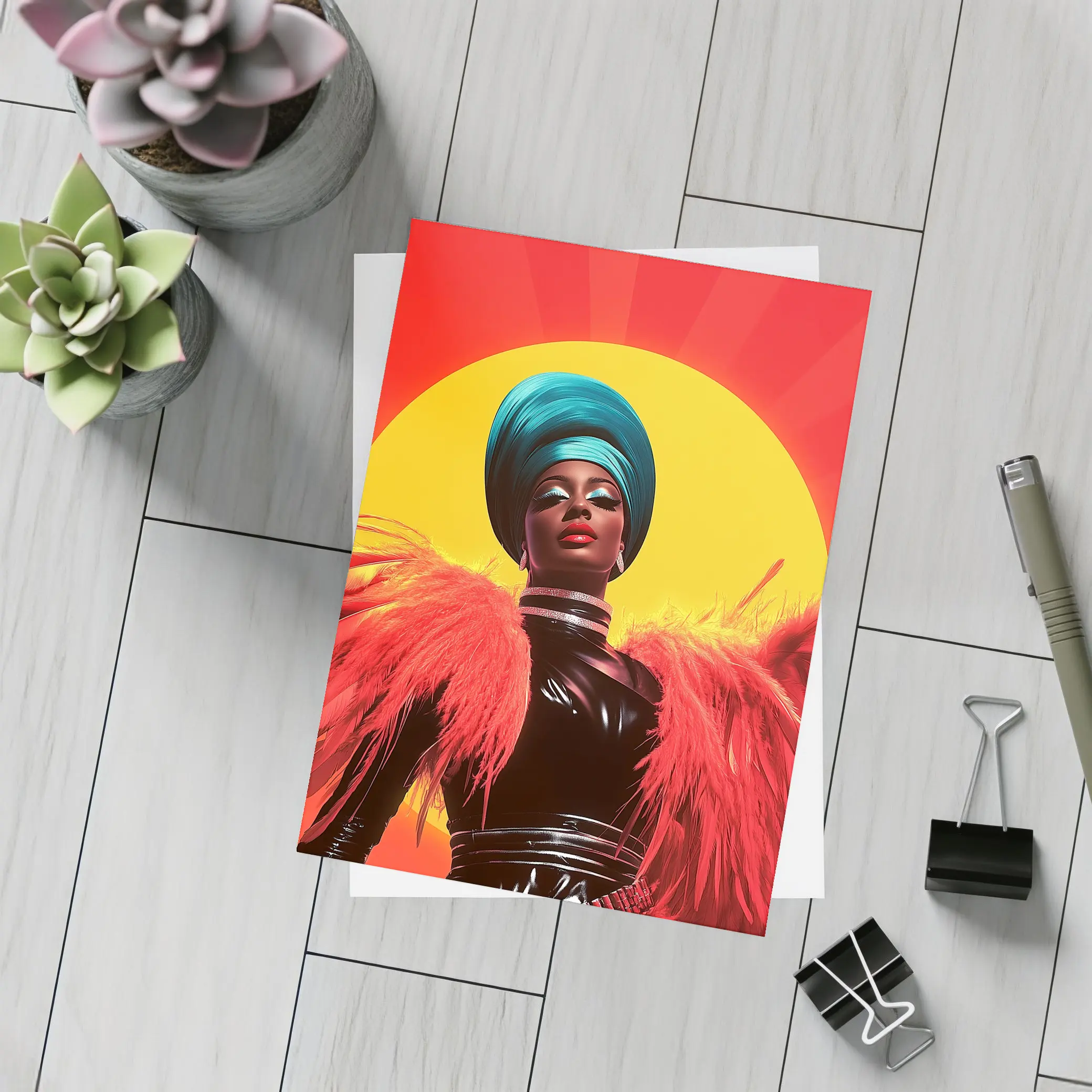 Bold Pop Art Woman Teal Turban Red Sun – Postcards