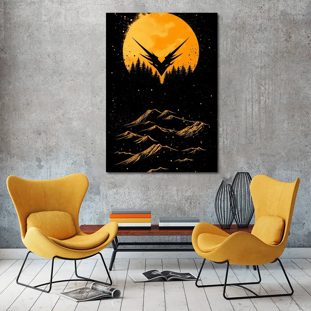 Eagle Symbol Orange Moon Mountain Night – Wall Art