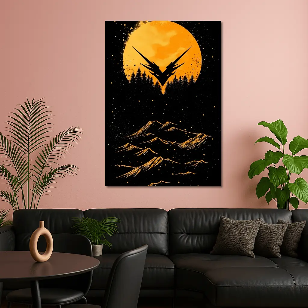 Eagle Symbol Orange Moon Mountain Night – Wall Art