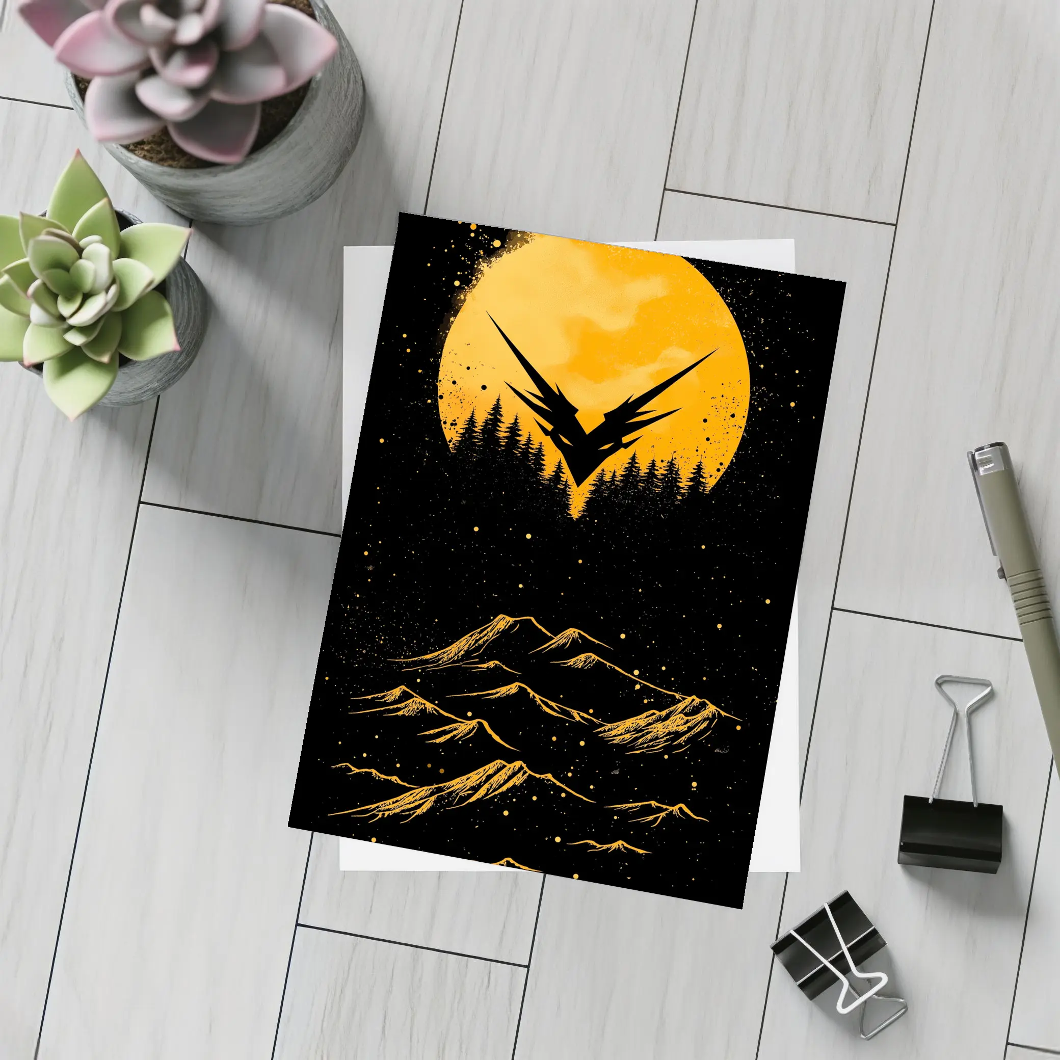 Eagle Symbol Orange Moon Mountain Night – Postcards