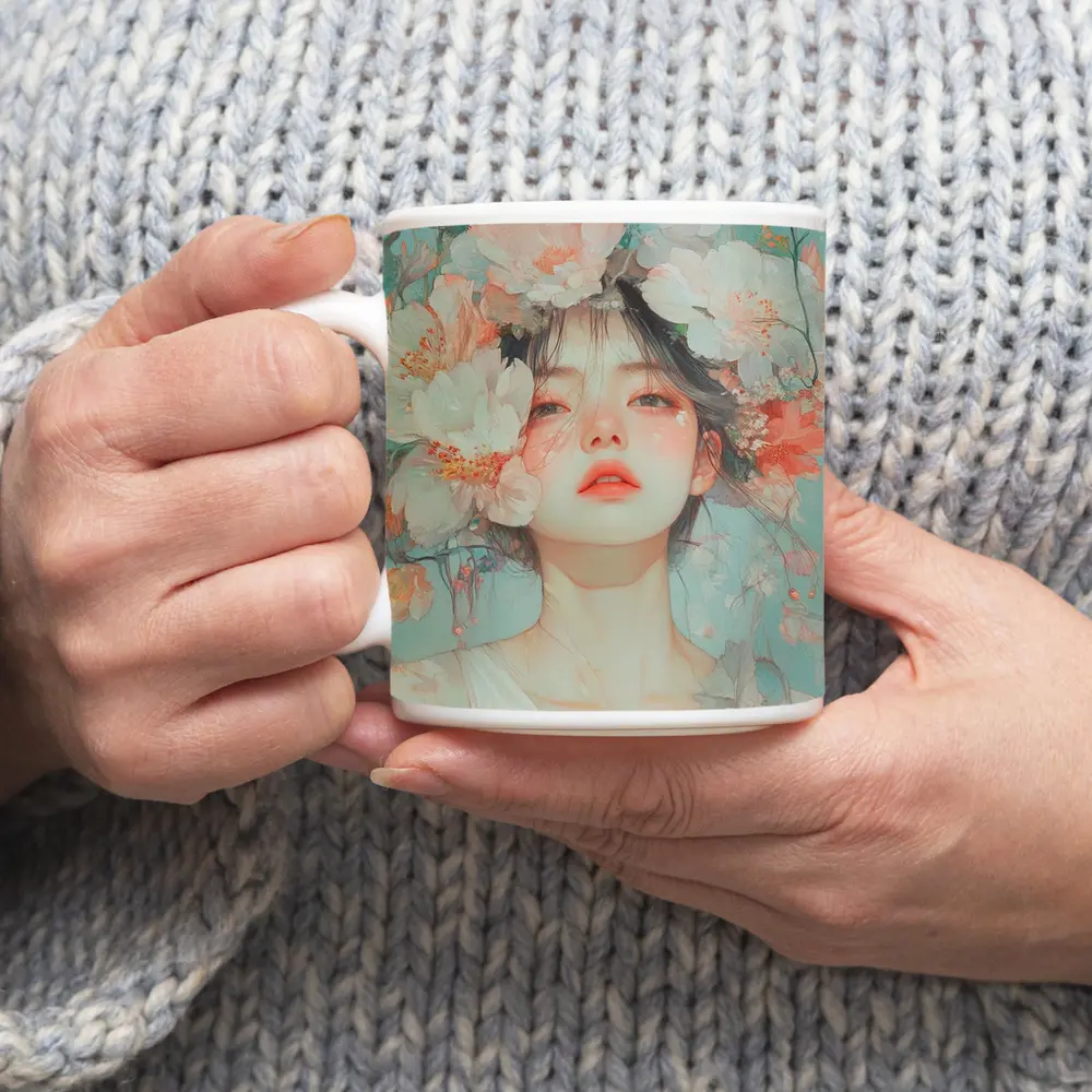 Anime Girl Portrait Surrounded By Flowers – Mugs
