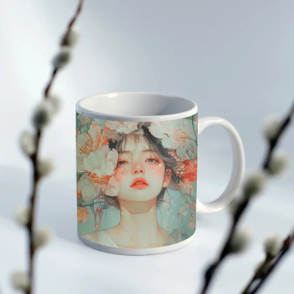 Anime Girl Portrait Surrounded By Flowers – Mugs