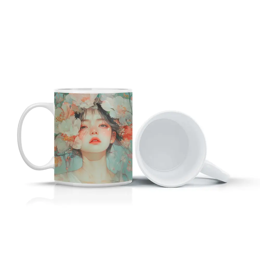 Anime Girl Portrait Surrounded By Flowers – Mugs