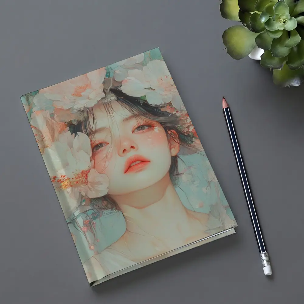 Anime Girl Portrait Surrounded By Flowers – Notebooks