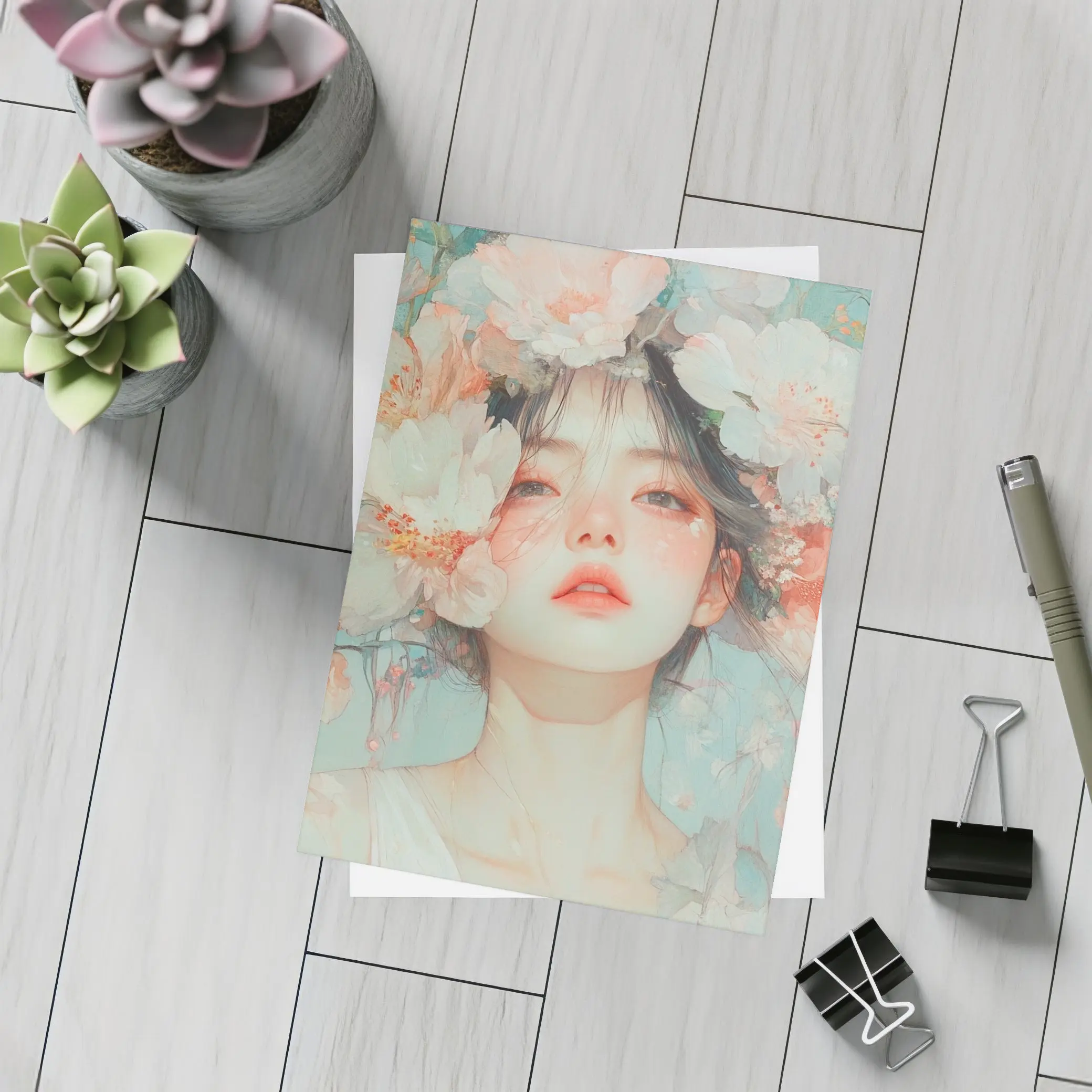 Anime Girl Portrait Surrounded By Flowers – Postcards