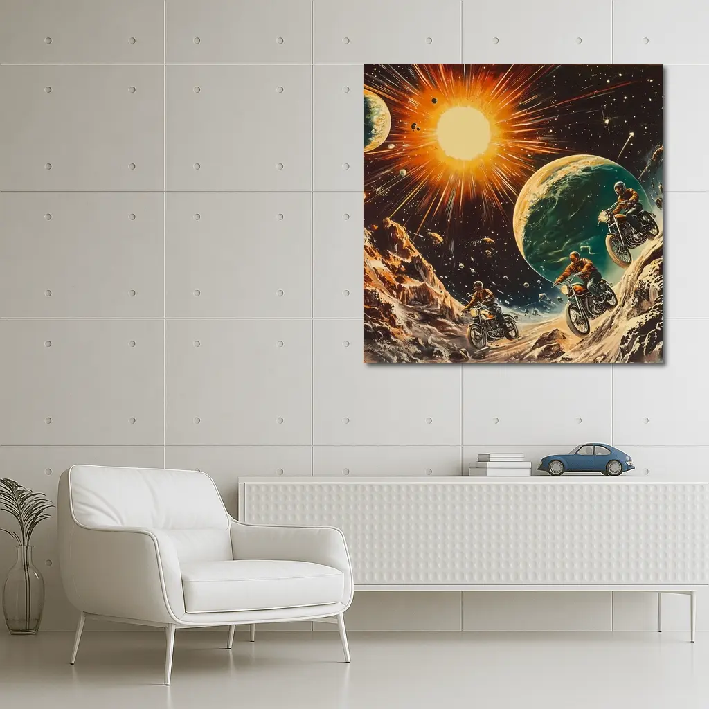Retro Sci Fi Motorcycles Racing Through Space – Wall Art
