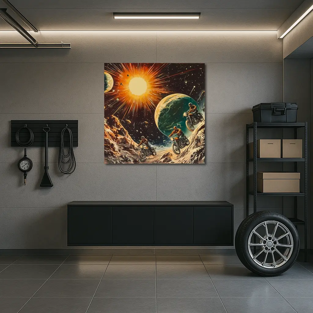 Retro Sci Fi Motorcycles Racing Through Space – Wall Art