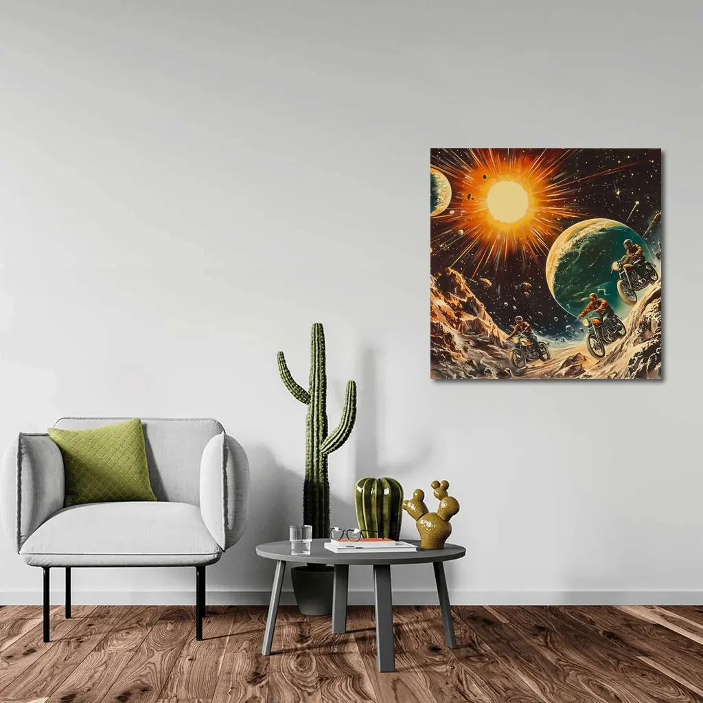 Retro Sci Fi Motorcycles Racing Through Space – Wall Art