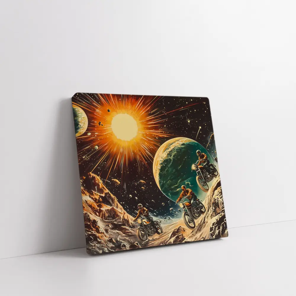 Retro Sci Fi Motorcycles Racing Through Space – Wall Art
