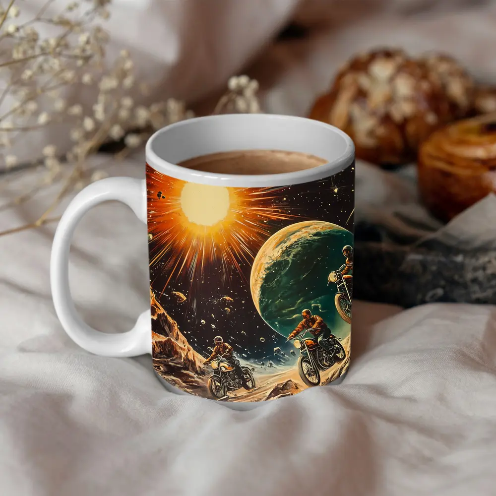 Retro Sci Fi Motorcycles Racing Through Space – Mugs