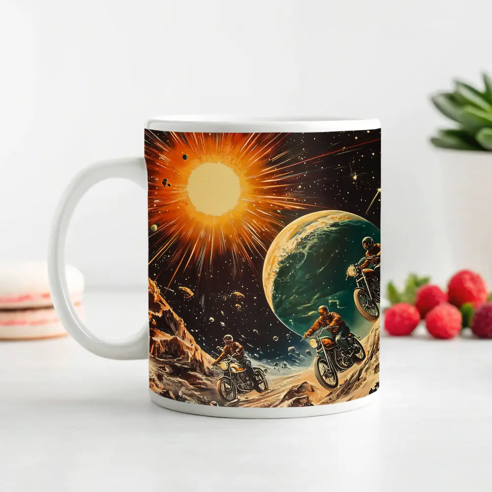 Retro Sci Fi Motorcycles Racing Through Space – Mugs