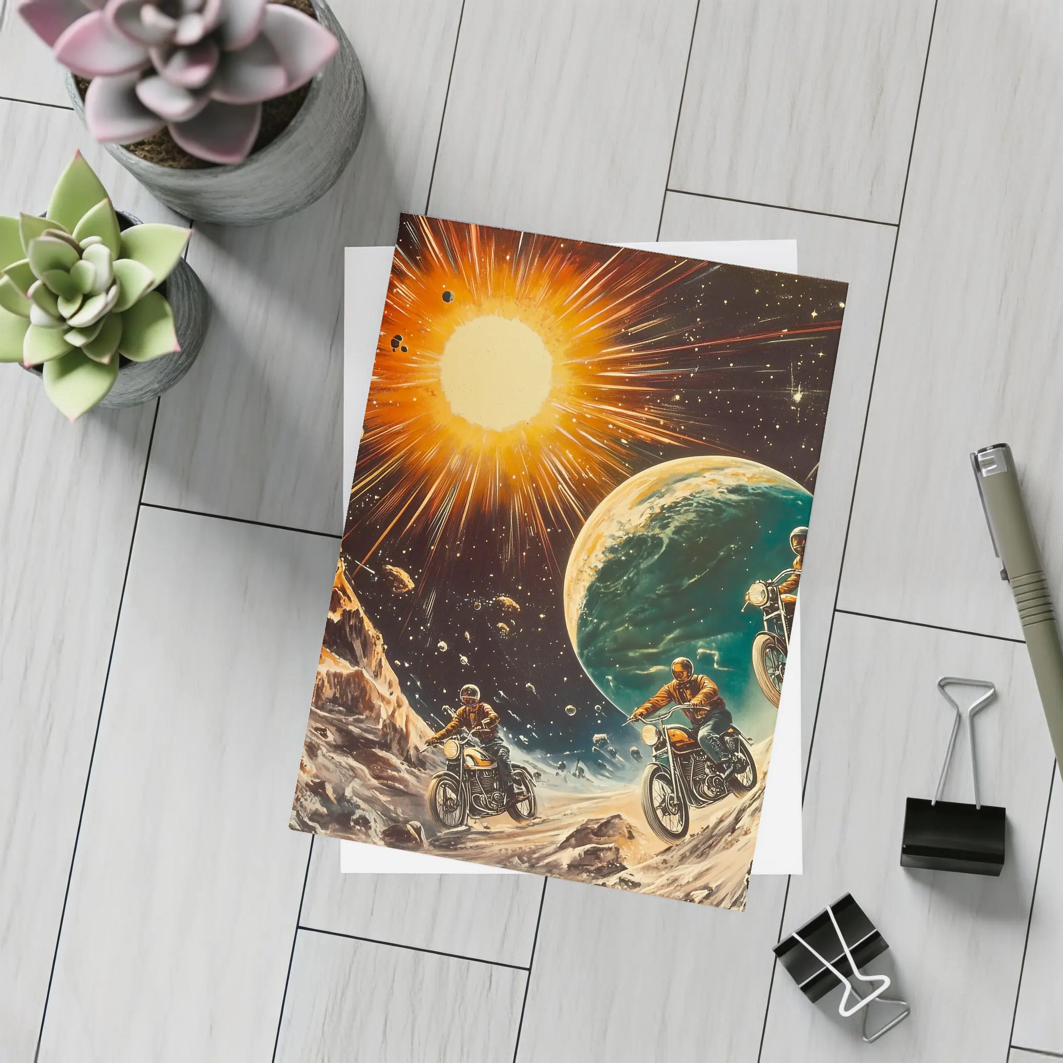 Retro Sci Fi Motorcycles Racing Through Space – Postcards