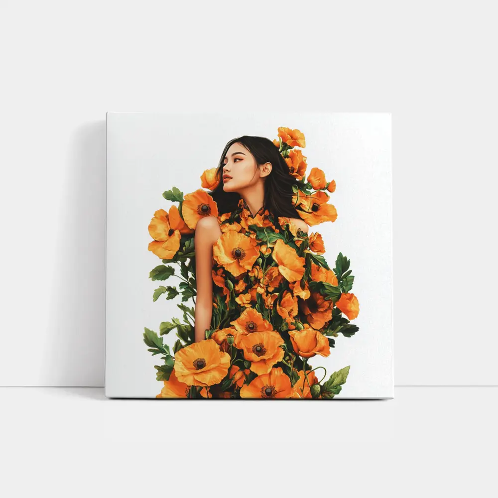 Woman Surrounded by Orange Poppies Floral Art – Wall Art
