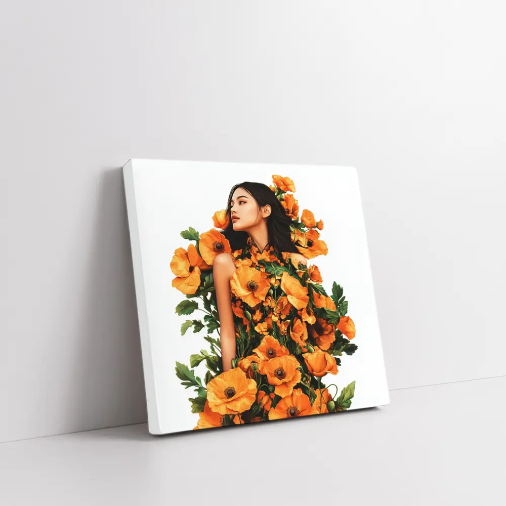 Woman Surrounded by Orange Poppies Floral Art – Wall Art