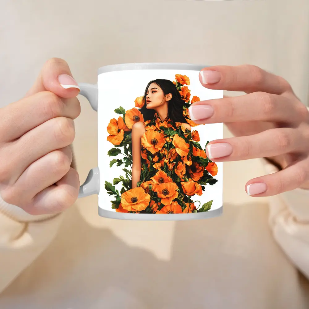 Woman Surrounded by Orange Poppies Floral Art – Mugs