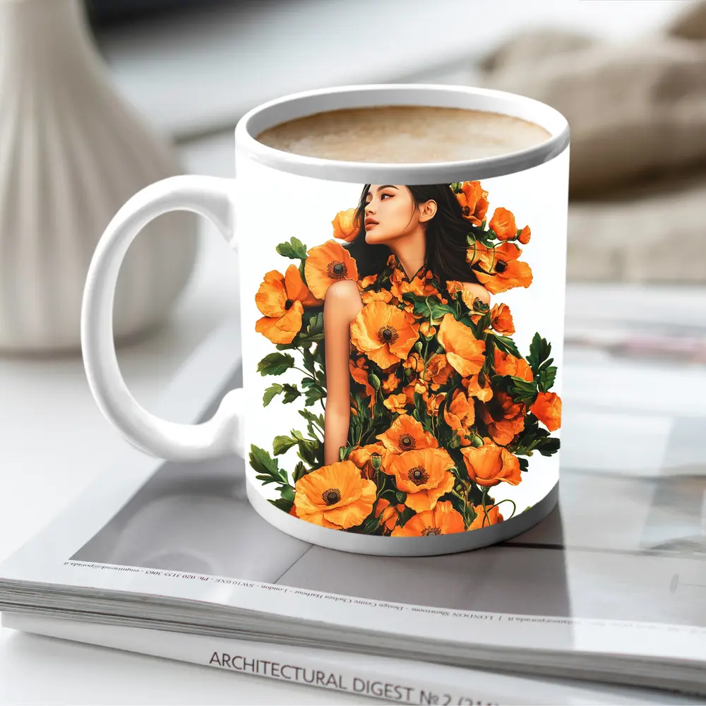 Woman Surrounded by Orange Poppies Floral Art – Mugs