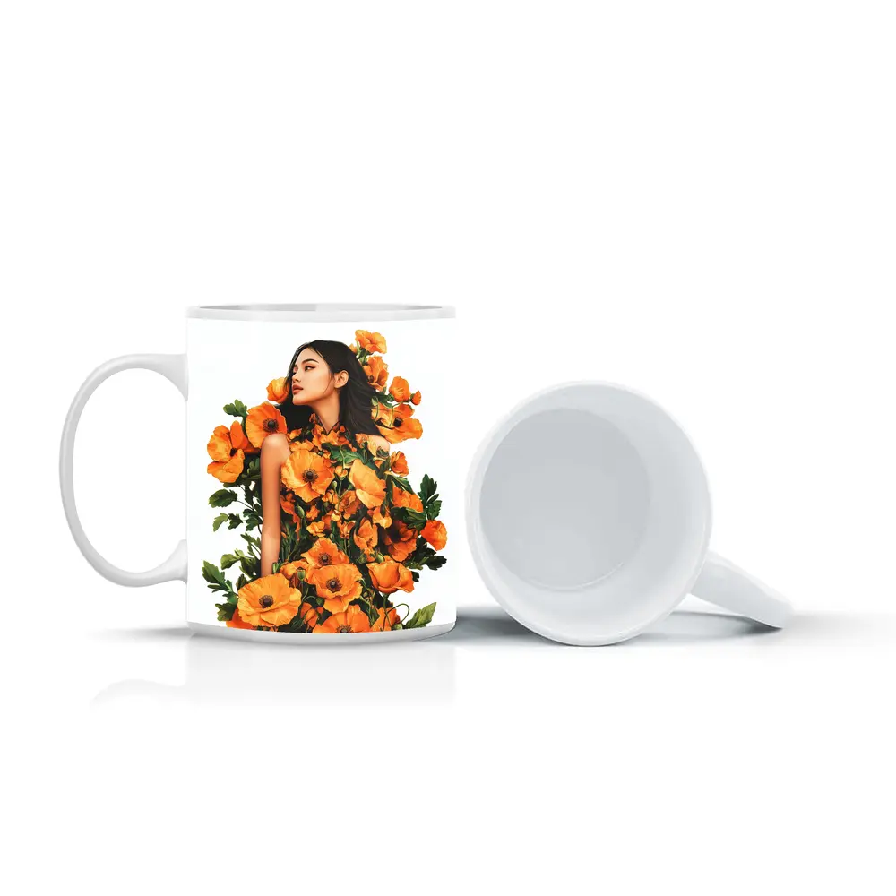 Woman Surrounded by Orange Poppies Floral Art – Mugs