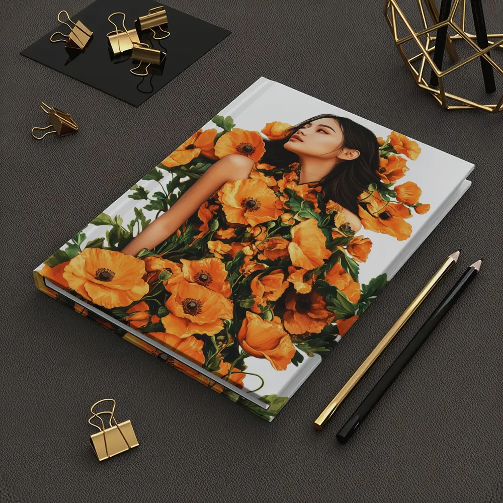 Woman Surrounded by Orange Poppies Floral Art – Notebooks