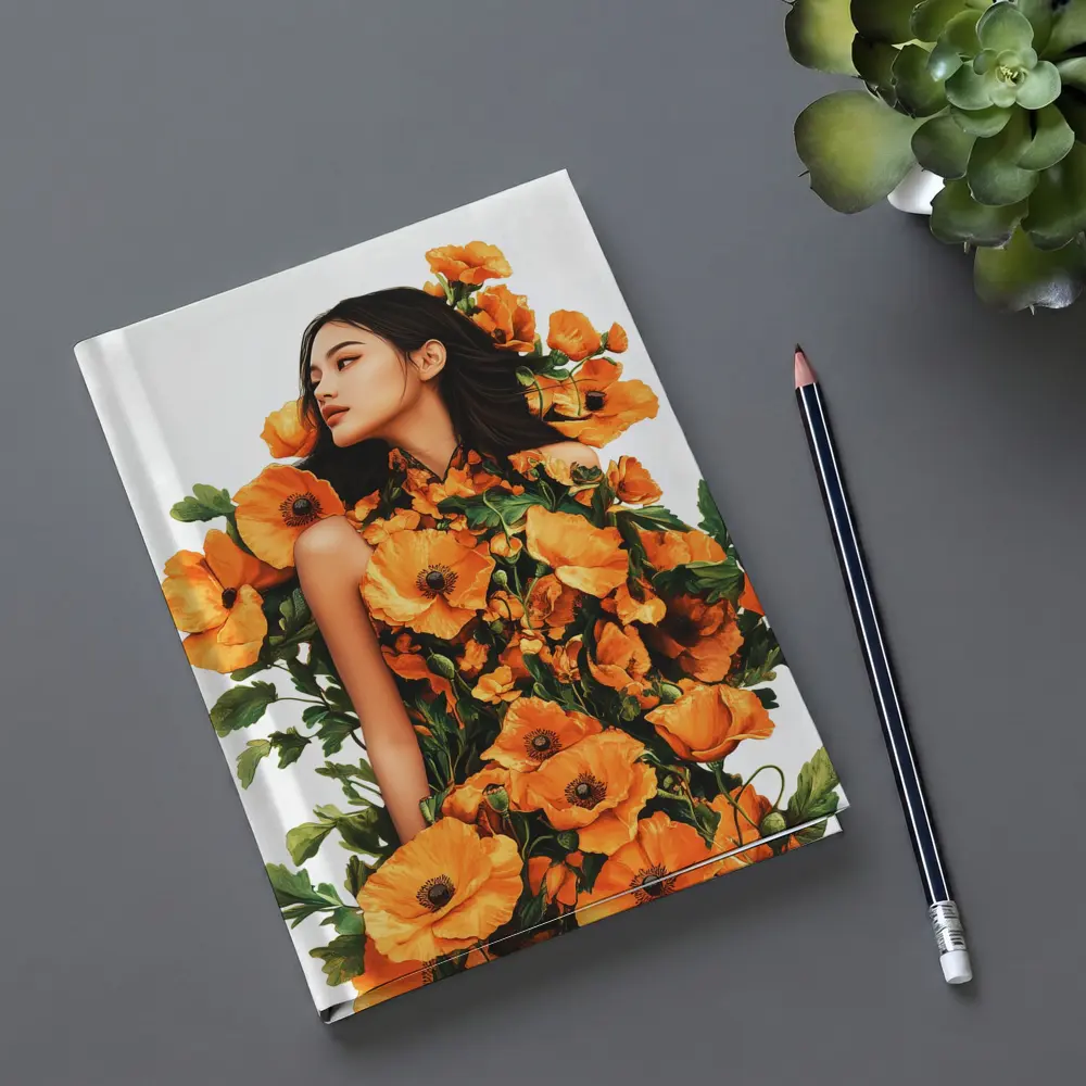 Woman Surrounded by Orange Poppies Floral Art – Notebooks
